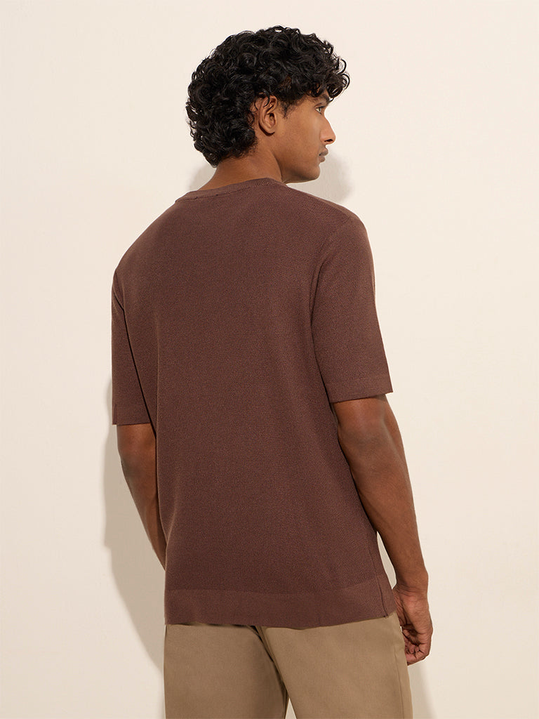 WES Formals Brown Knit-Textured Slim-Fit T-Shirt