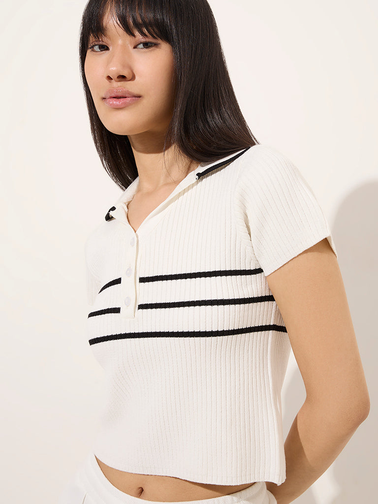 Studiofit White Ribbed-Textured T-Shirt