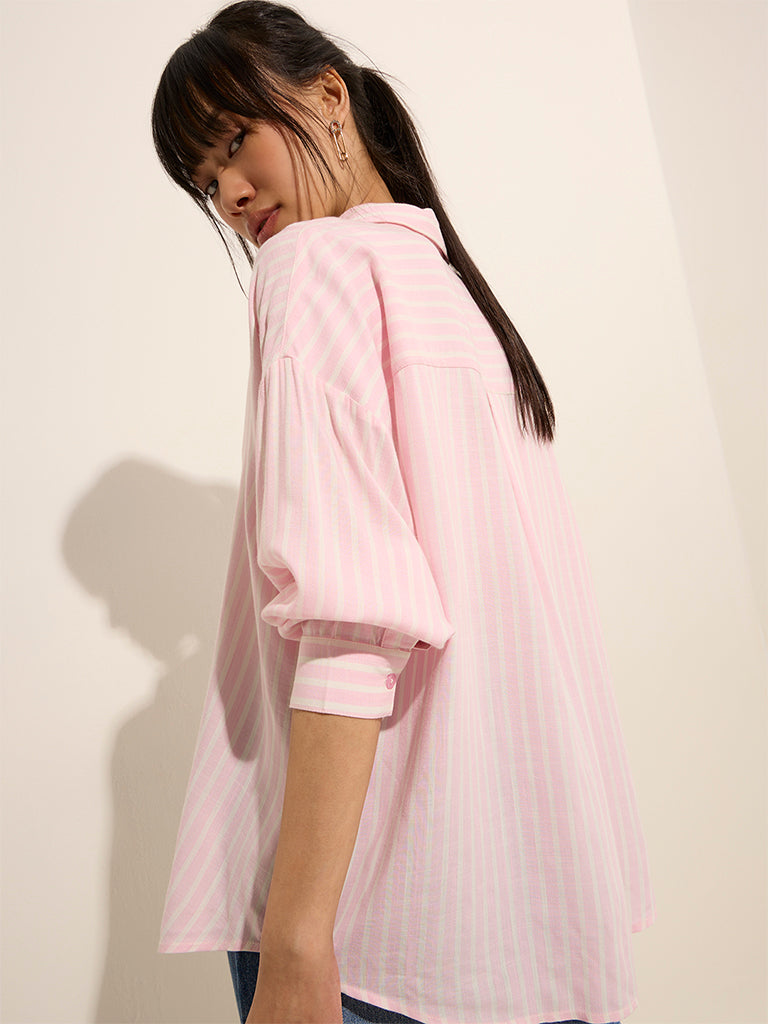 Nuon Light Pink Stripe Printed Cotton Shirt