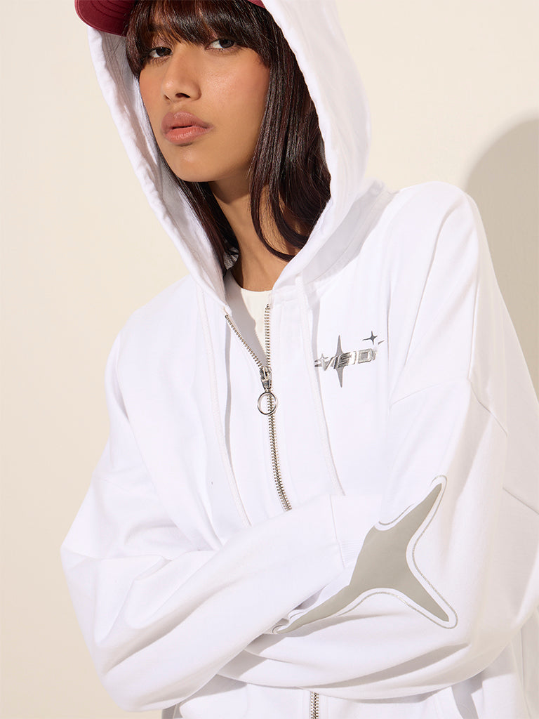 Nuon White Printed Cotton Hooded Jacket