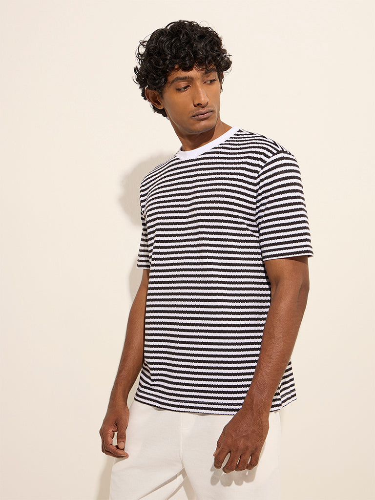 WES Lounge Black Stripe Printed Relaxed-Fit Cotton-Blend T-Shirt