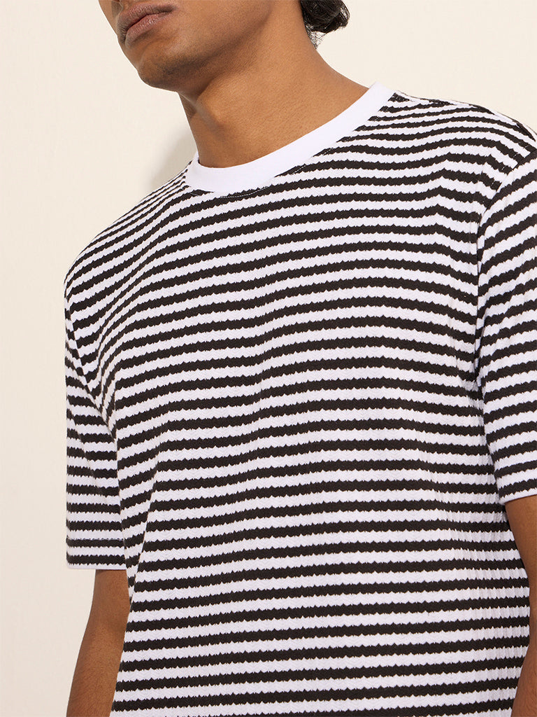 WES Lounge Black Stripe Printed Relaxed-Fit Cotton-Blend T-Shirt