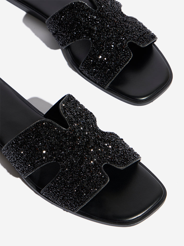 LUNA BLU Black Crystal Embellished Sandals