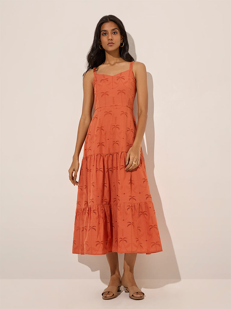 LOV Orange Tropical Embroidered A-Line Cotton Dress