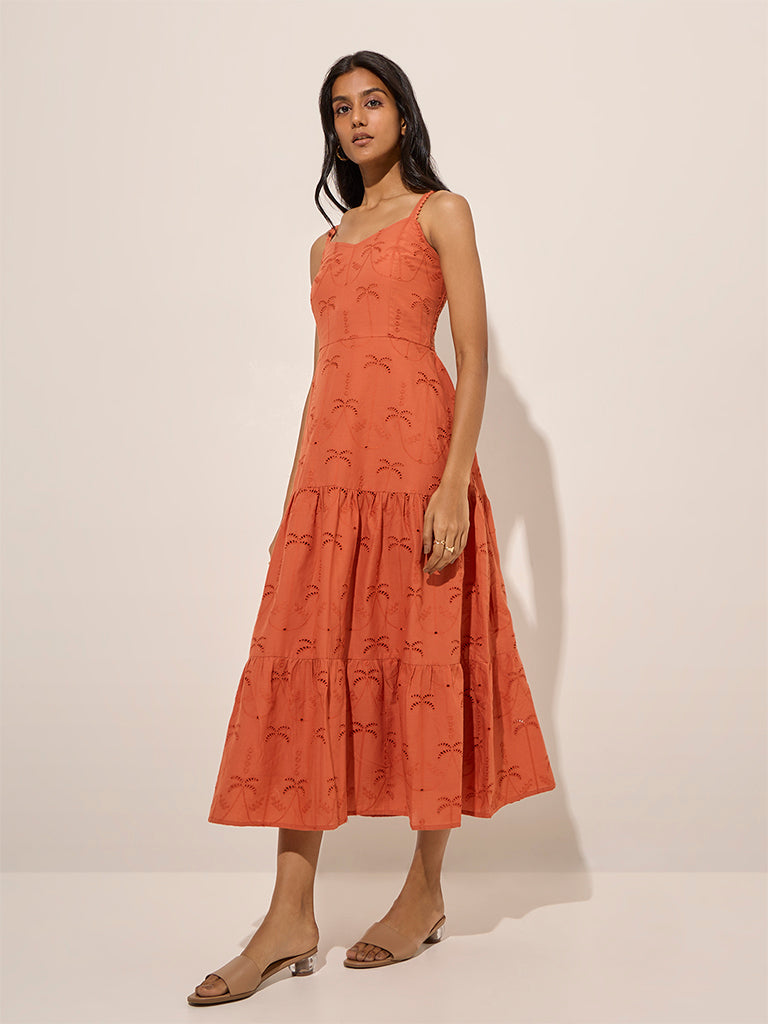 LOV Orange Tropical Embroidered A-Line Cotton Dress