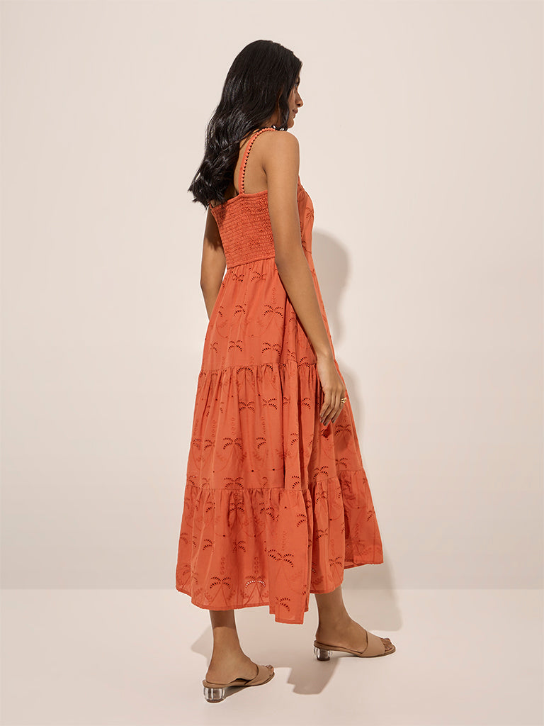 LOV Orange Tropical Embroidered A-Line Cotton Dress