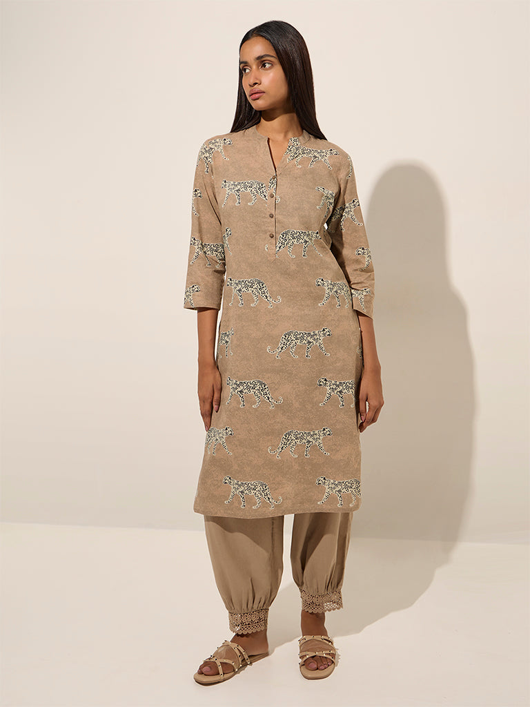 Utsa Taupe Animal Printed Straight Cotton Kurta