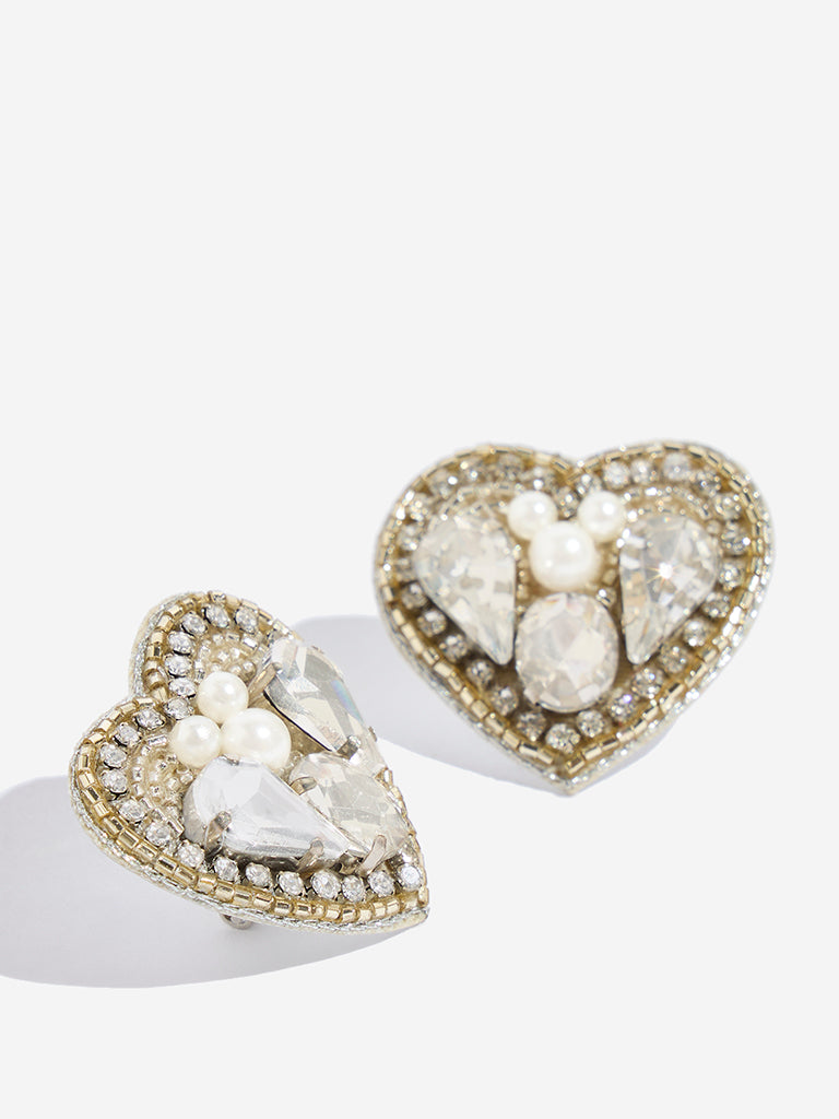 Westside Accessories Silver Heart Gemstone Embellished Stud Earrings