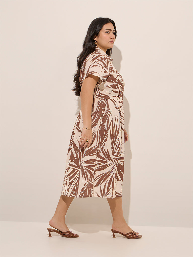 Gia Brown Leaf Printed Cotton A-Line Dress