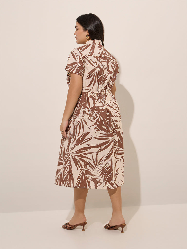 Gia Brown Leaf Printed Cotton A-Line Dress