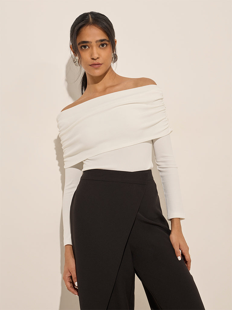 Wardrobe White Ribbed Off-Shoulder Top