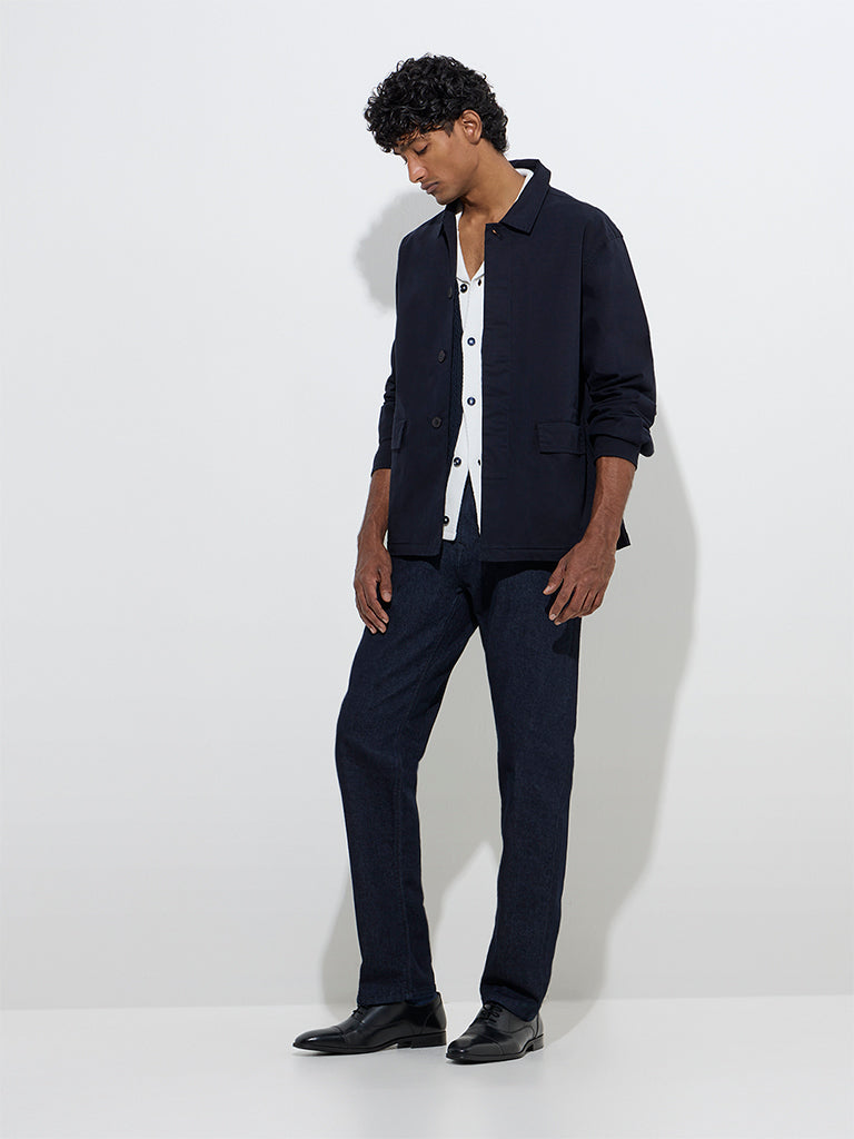 Ascot Navy Solid Relaxed-Fit Cotton Jacket