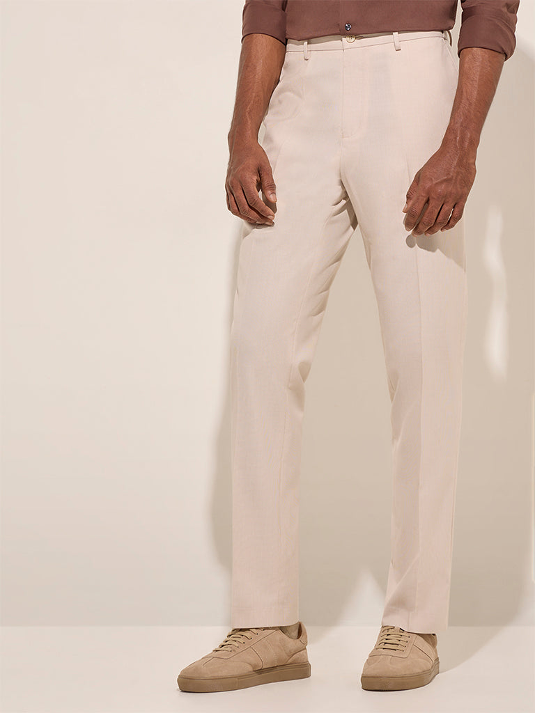 WES Formals Beige Relaxed-Fit Mid-Rise Trousers