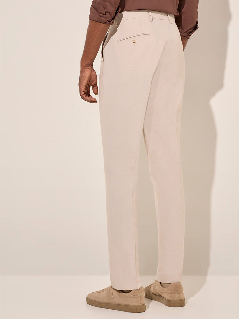 WES Formals Beige Relaxed-Fit Mid-Rise Trousers