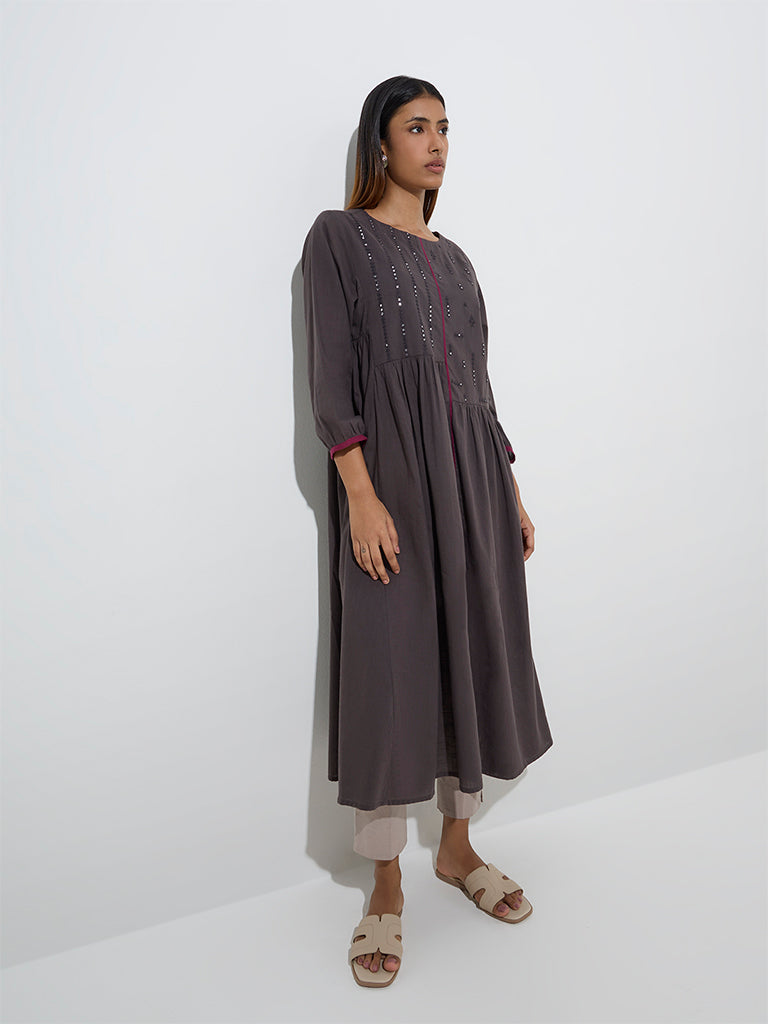 Utsa Charcoal Mirror Embroidered Fit-and-Flare Cotton Kurta