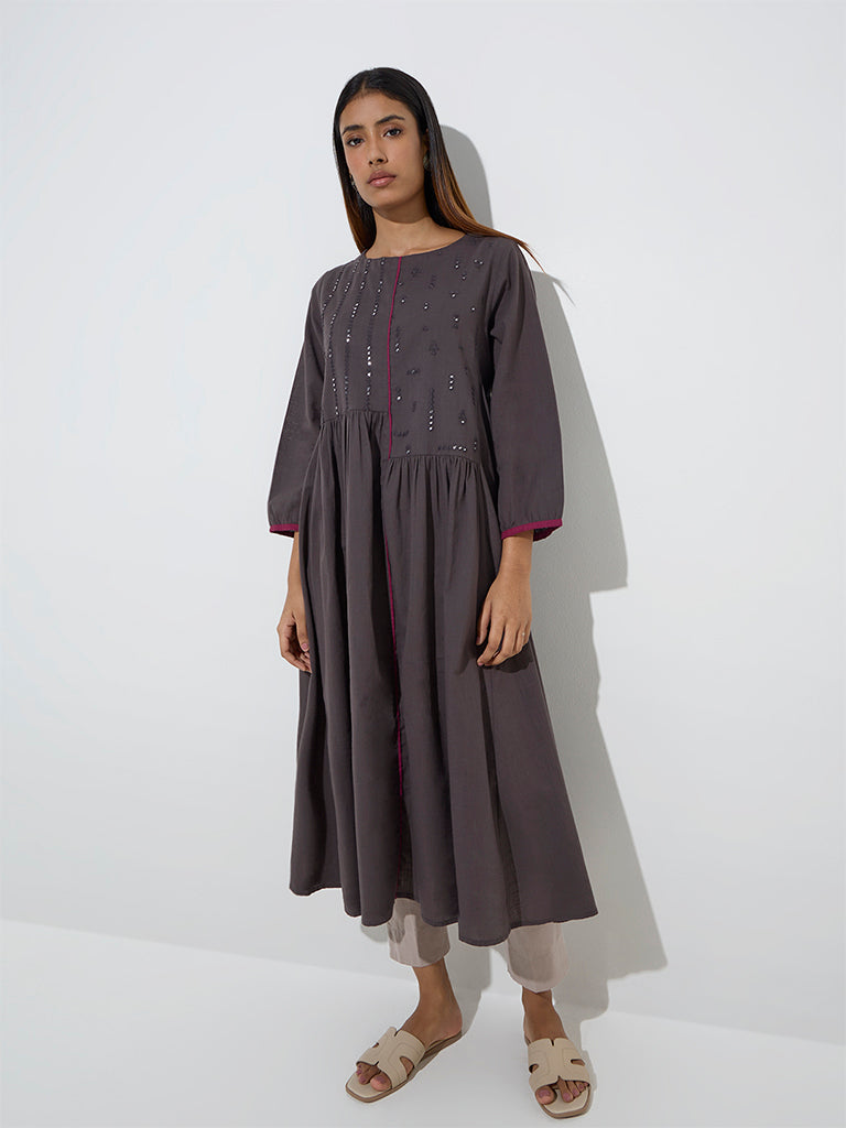 Utsa Charcoal Mirror Embroidered Fit-and-Flare Cotton Kurta