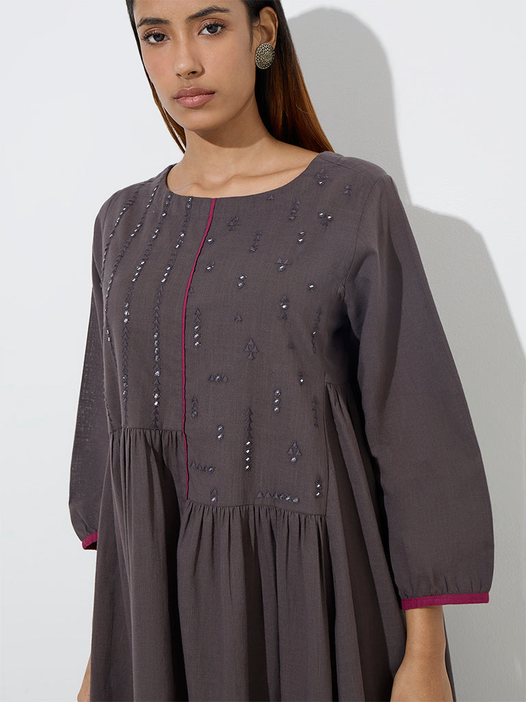 Utsa Charcoal Mirror Embroidered Fit-and-Flare Cotton Kurta