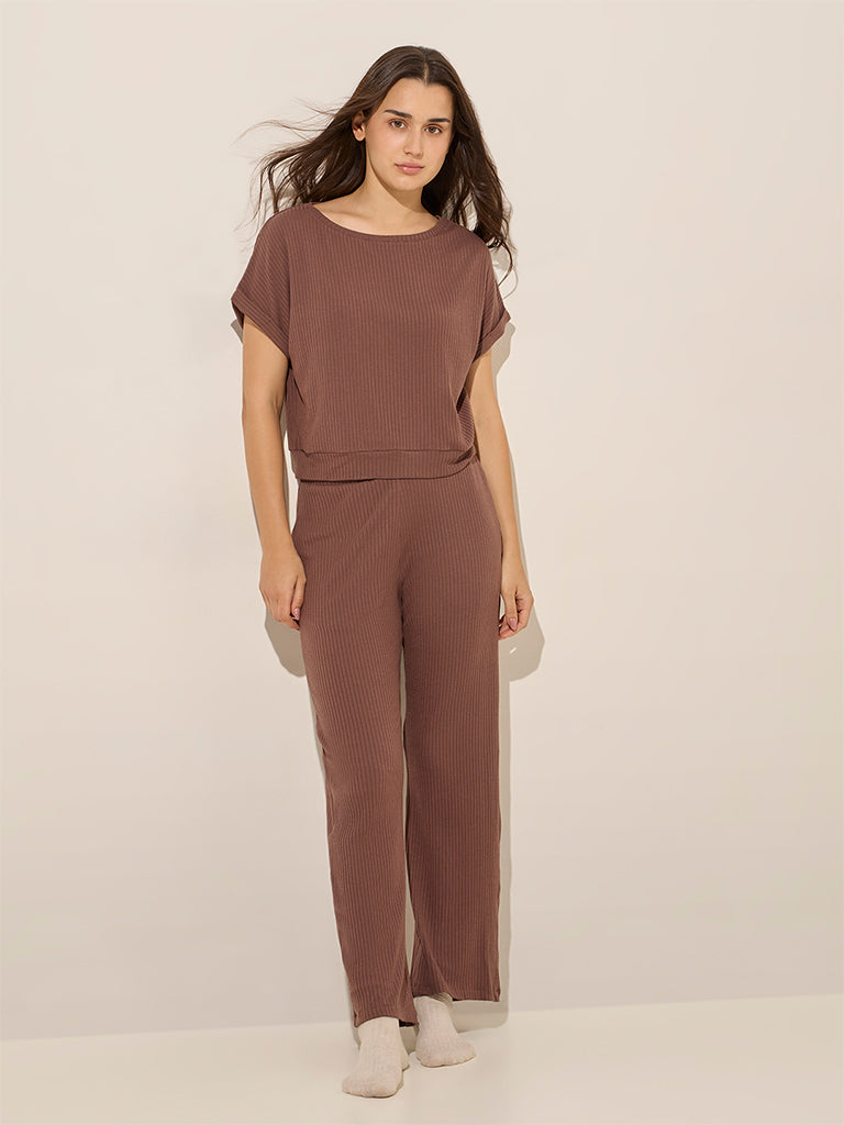 Wunderlove Brown Ribbed High-Rise Lounge Pants