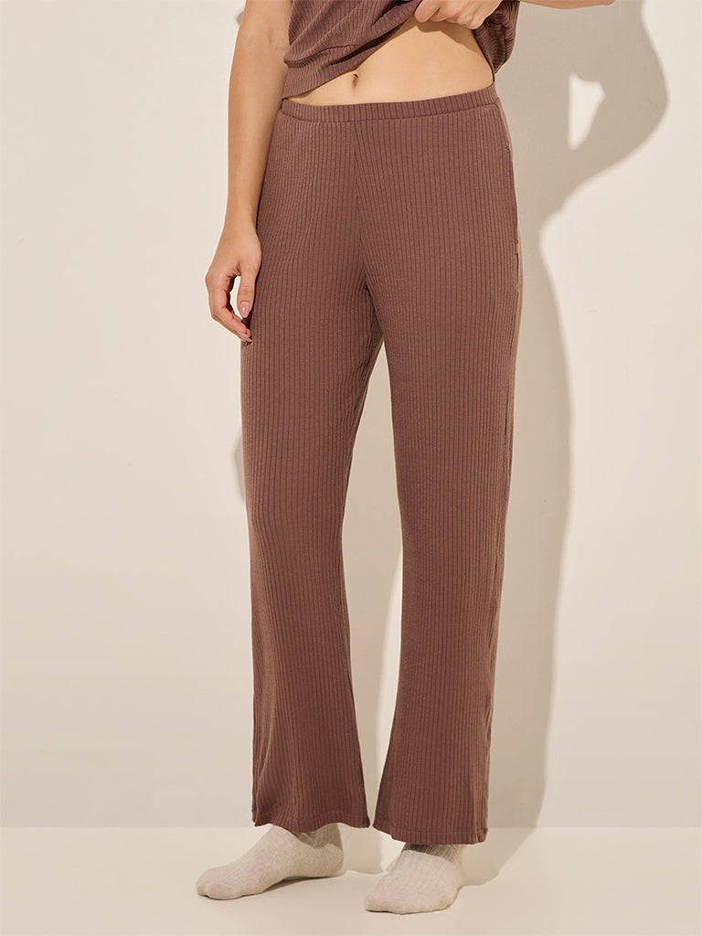 Wunderlove Brown Ribbed High-Rise Lounge Pants