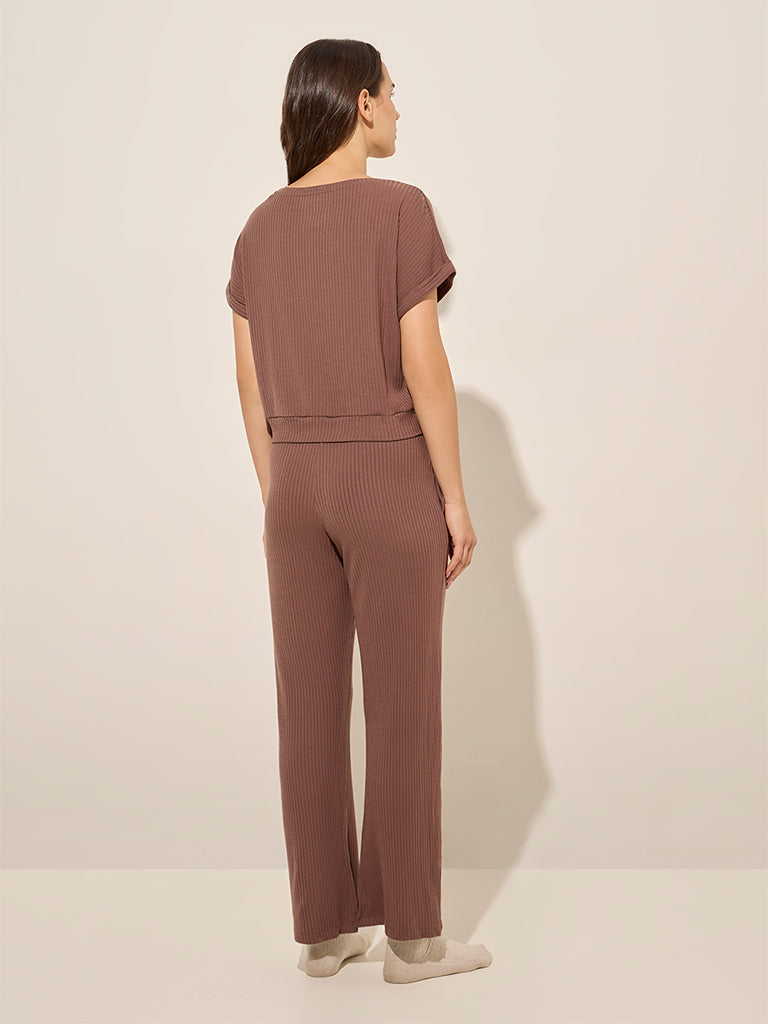 Wunderlove Brown Ribbed High-Rise Lounge Pants