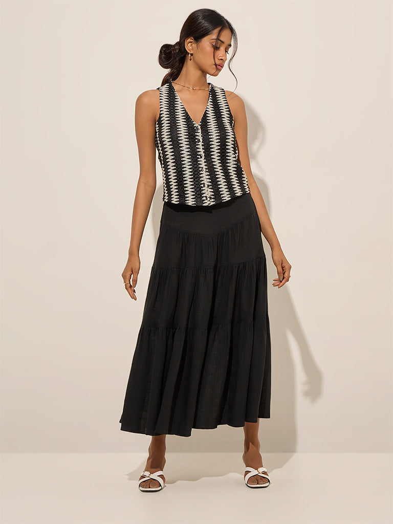 LOV Black Linen-Blend High-Rise Tiered Skirt