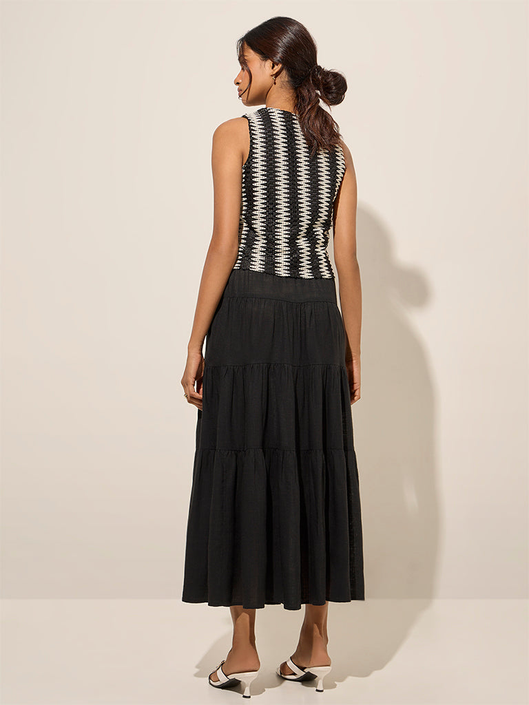 LOV Black Linen-Blend High-Rise Tiered Skirt