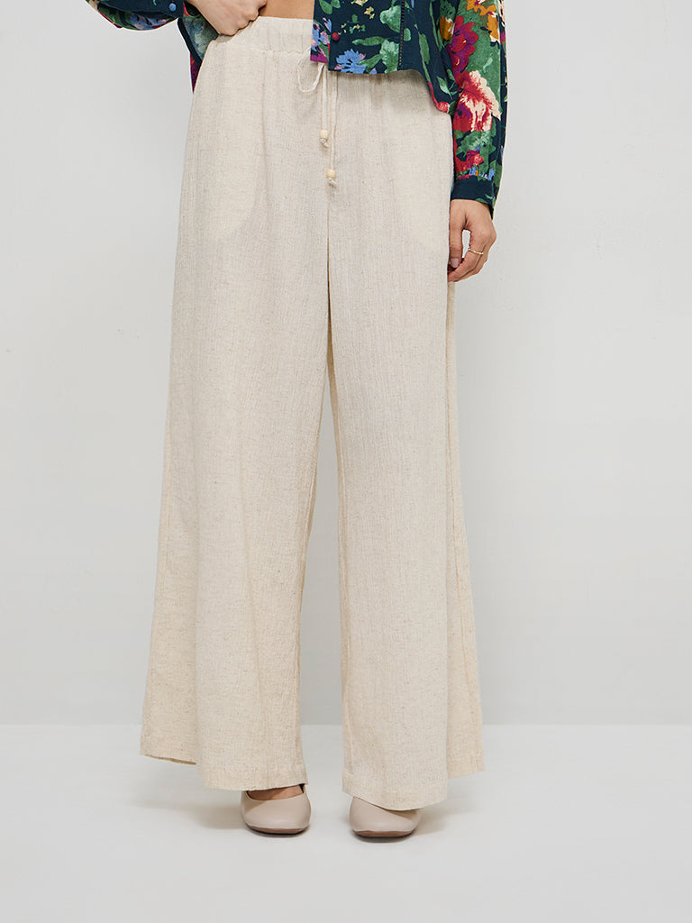 LOV Off-White Crinkle-Textured High-Rise Cotton Blend Pants