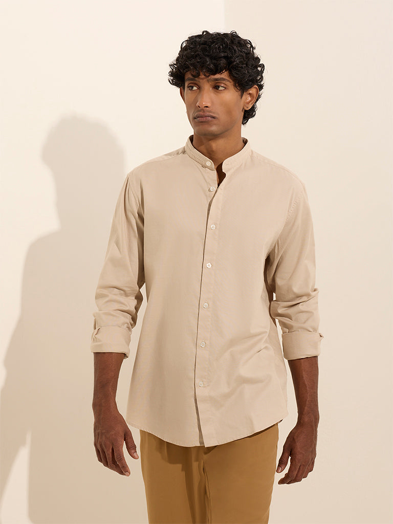 Ascot Beige Solid Relaxed-Fit Cotton Shirt