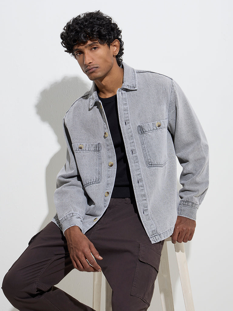 WES Casuals Grey Faded Relaxed-Fit Denim Jacket