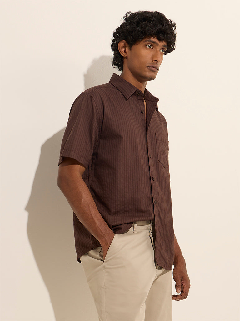 WES Casuals Brown Self-Striped Relaxed-Fit Cotton Shirt