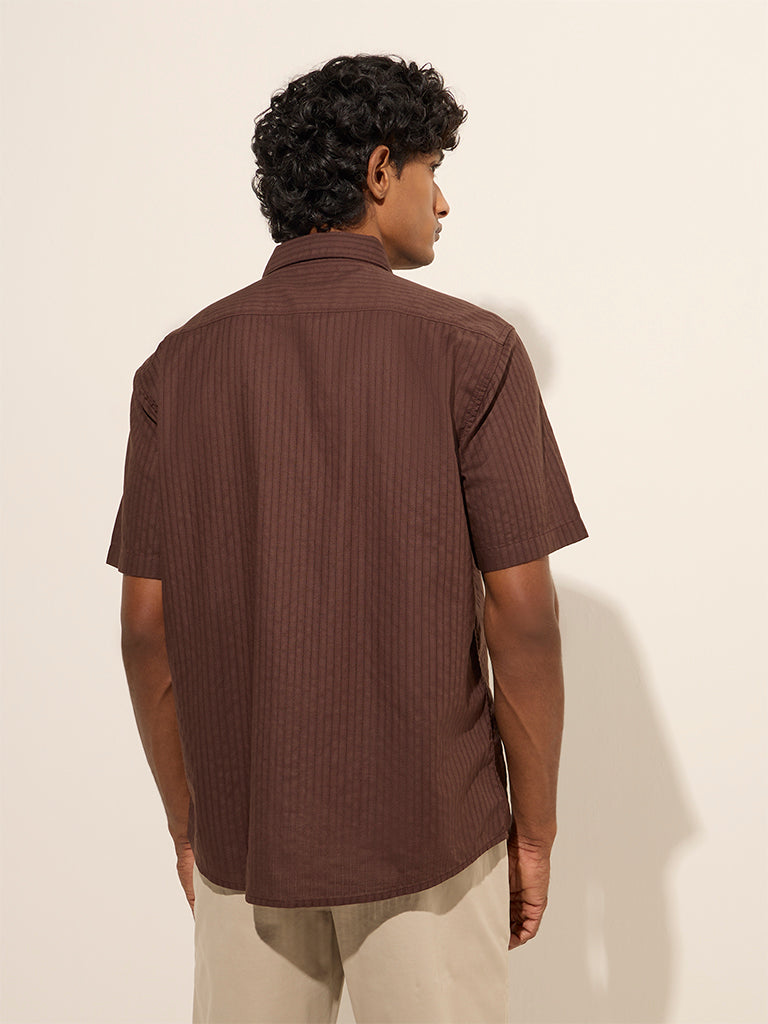 WES Casuals Brown Self-Striped Relaxed-Fit Cotton Shirt