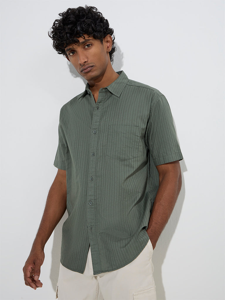 WES Casuals Sage Self-Striped Relaxed-Fit Cotton Shirt