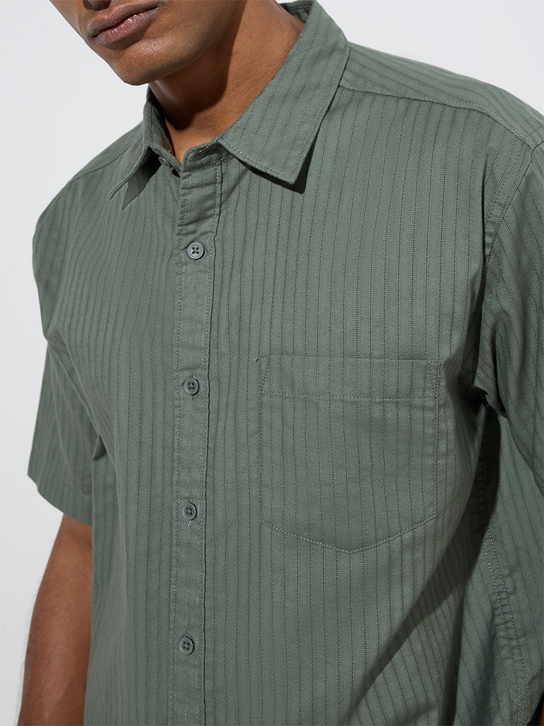 WES Casuals Sage Self-Striped Relaxed-Fit Cotton Shirt