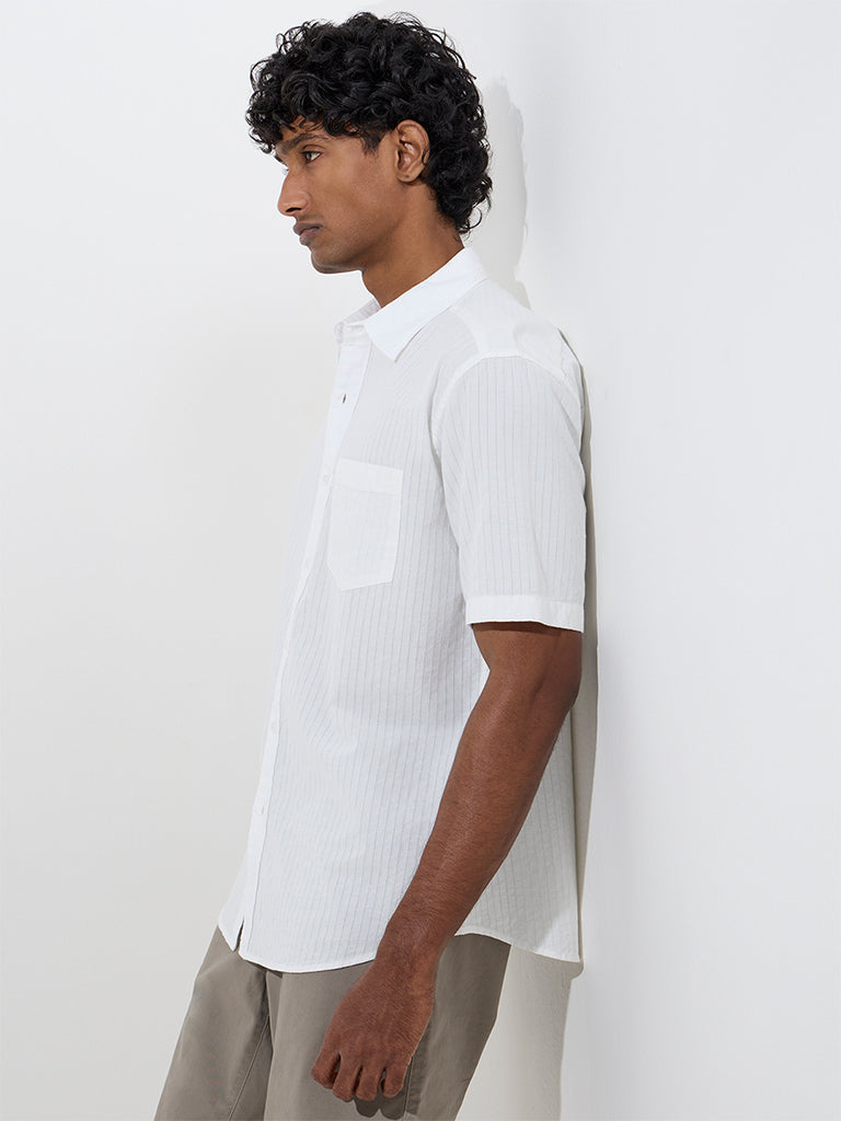 WES Casuals White Self-Striped Relaxed-Fit Cotton Shirt