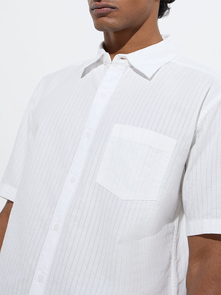 WES Casuals White Self-Striped Relaxed-Fit Cotton Shirt