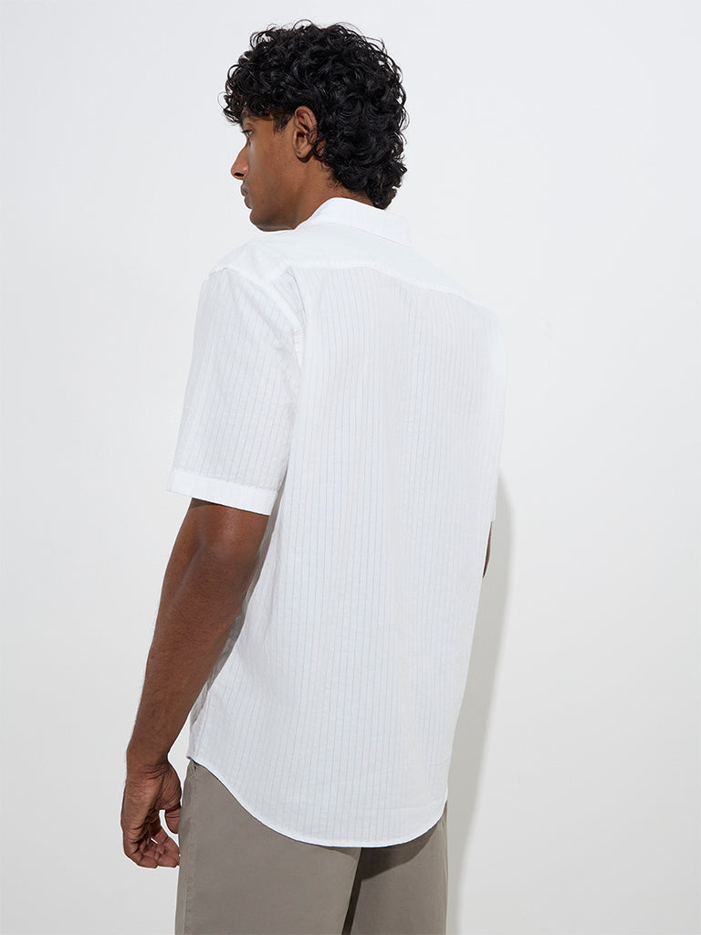 WES Casuals White Self-Striped Relaxed-Fit Cotton Shirt