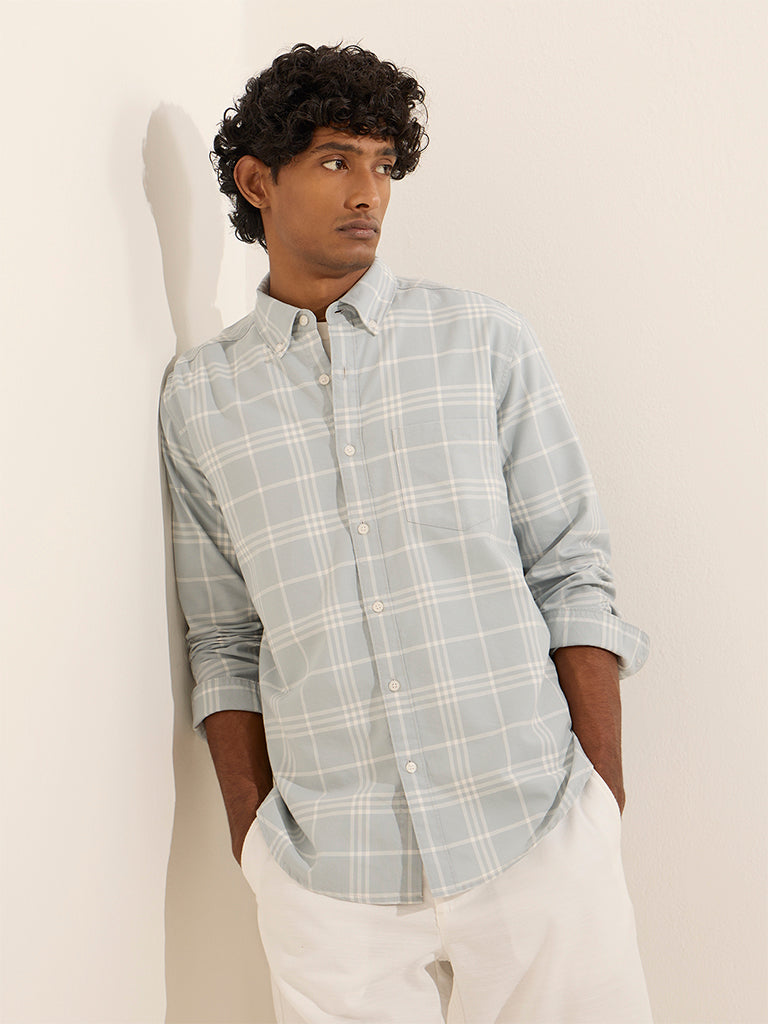 WES Casuals Light Blue Checkered Relaxed-Fit Cotton Shirt