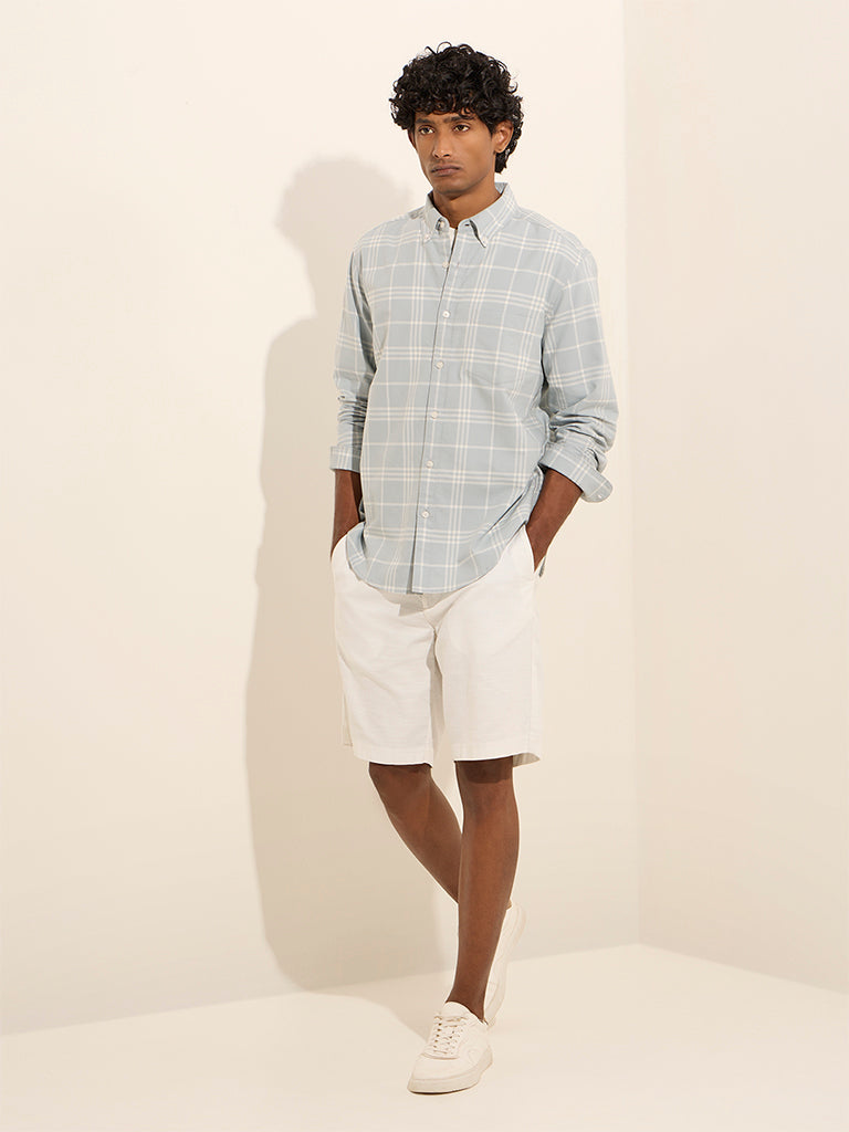 WES Casuals Light Blue Checkered Relaxed-Fit Cotton Shirt