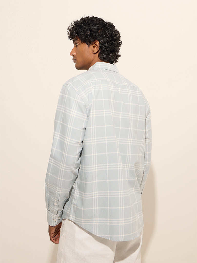 WES Casuals Light Blue Checkered Relaxed-Fit Cotton Shirt