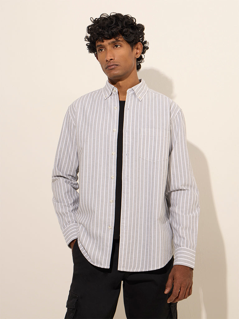 WES Casuals Grey Striped Relaxed-Fit Cotton Shirt