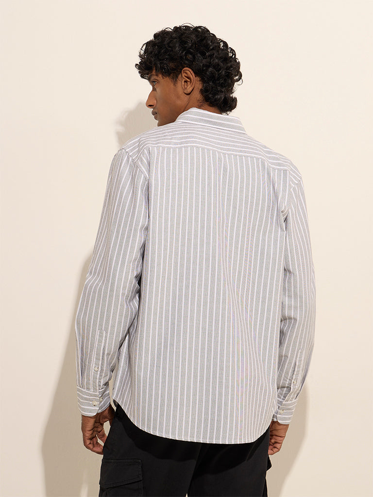 WES Casuals Grey Striped Relaxed-Fit Cotton Shirt