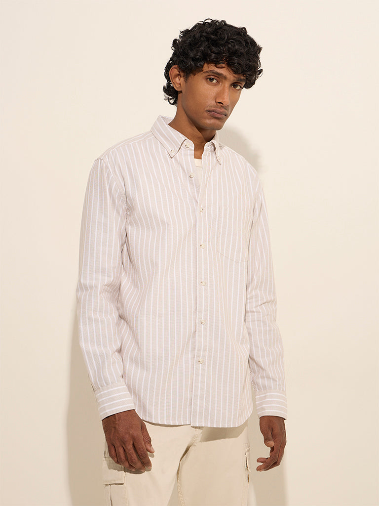 WES Casuals Taupe Striped Design Relaxed-Fit Cotton Shirt