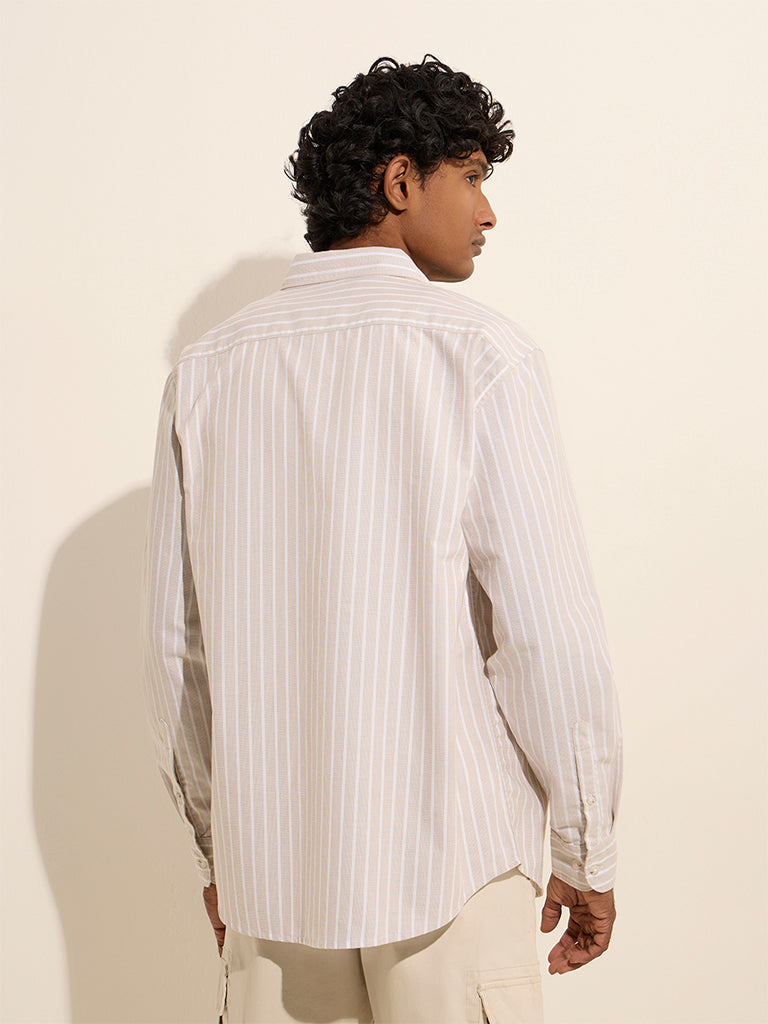 WES Casuals Taupe Striped Design Relaxed-Fit Cotton Shirt