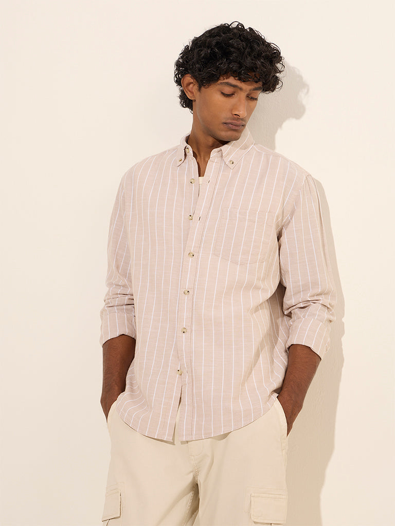 WES Casuals Beige Striped Relaxed-Fit Cotton-Blend Shirt