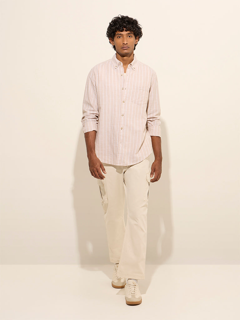 WES Casuals Beige Striped Relaxed-Fit Cotton-Blend Shirt