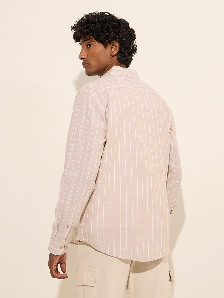 WES Casuals Beige Striped Relaxed-Fit Cotton-Blend Shirt