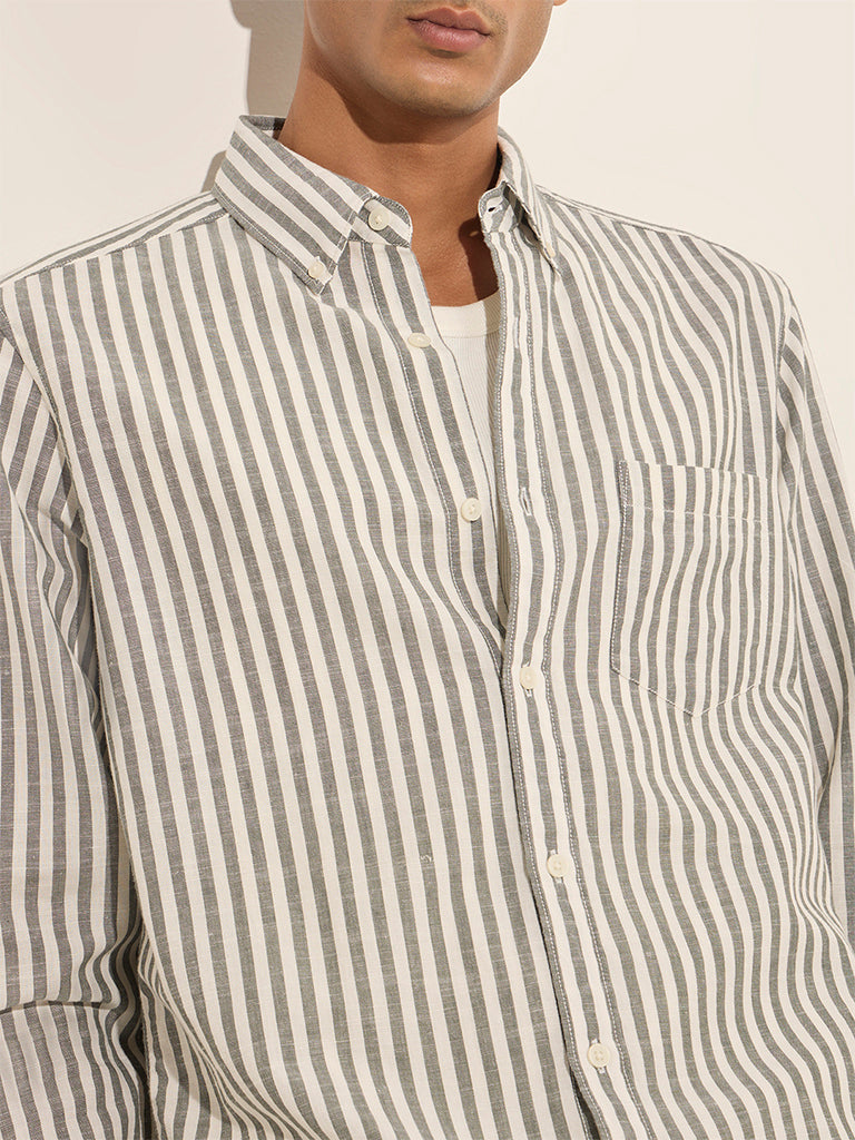 WES Casuals Sage Striped Relaxed-Fit Cotton Shirt