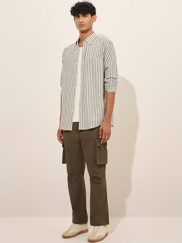 WES Casuals Sage Striped Relaxed-Fit Cotton Shirt