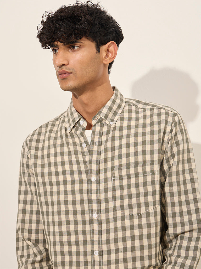 WES Casuals Olive Checks Design Relaxed-Fit Cotton Shirt