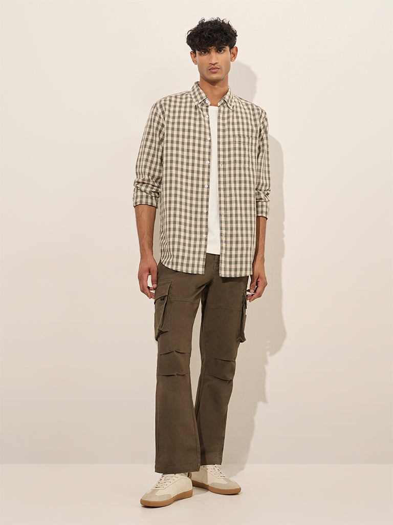 WES Casuals Olive Checks Design Relaxed-Fit Cotton Shirt